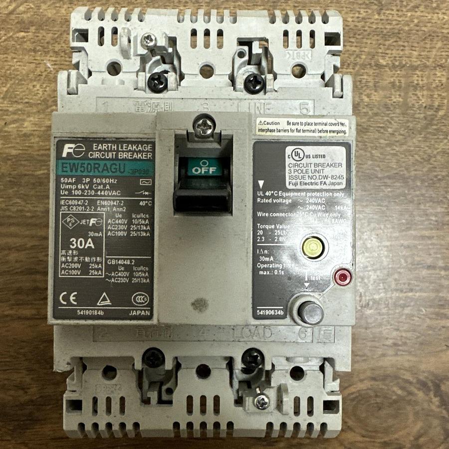 Used Fuji Electric,EW50RAGU 3P030,30Amp Circuit Breaker