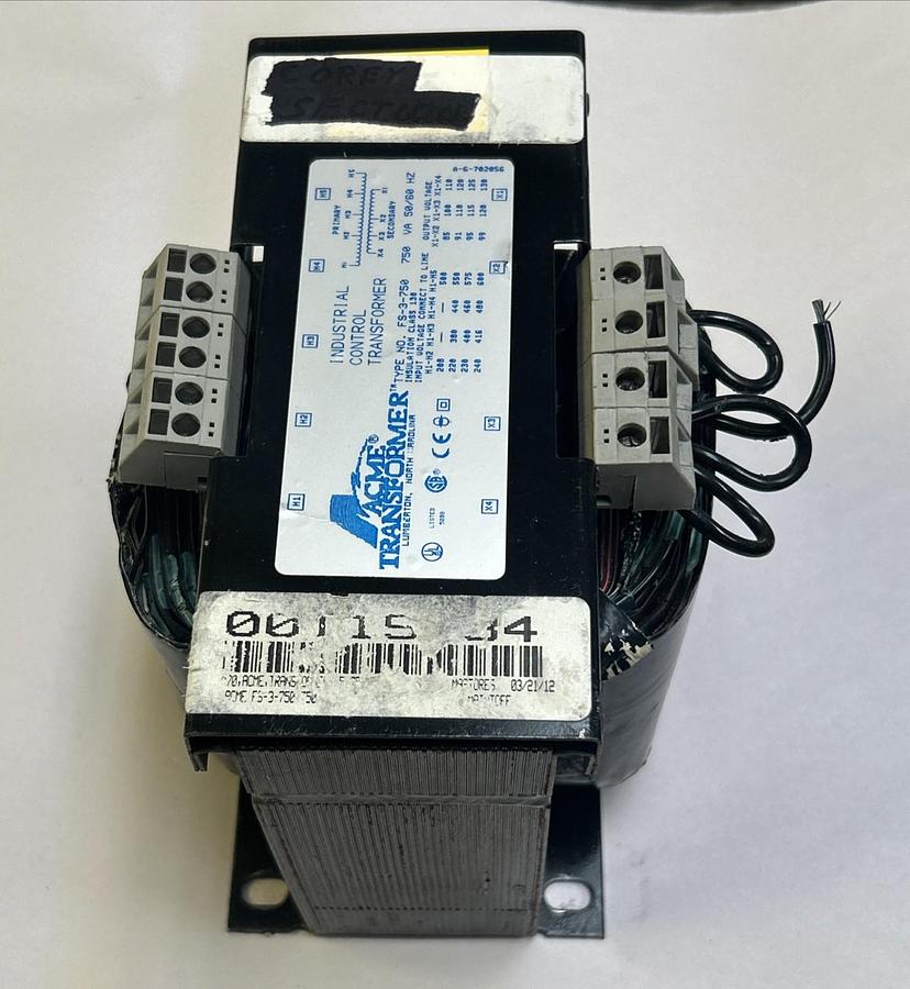 Used ACME,FS-3-750,INDUSTRIAL CONTROL TRANSFORMER 750VA 50/60HZ