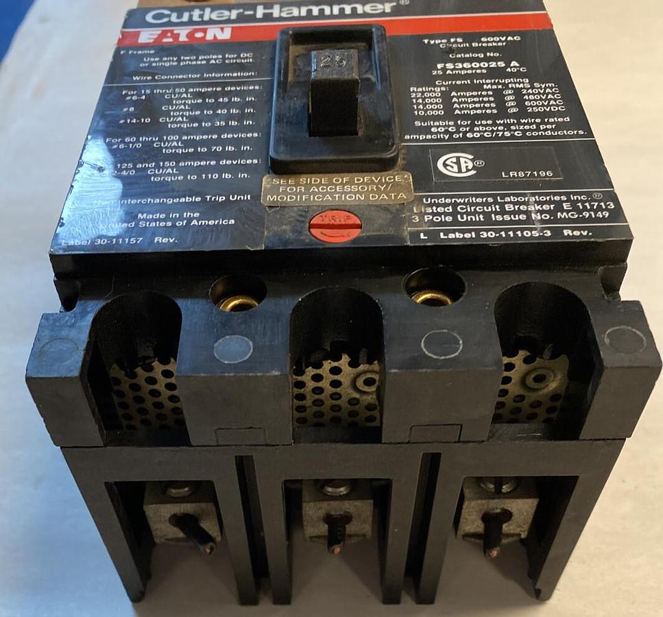 Used Cutler-Hammer,FS360025,Circuit Breaker 25AMP 600V 3 Pole