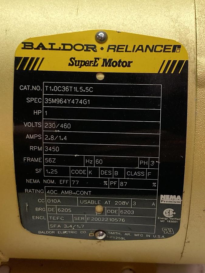 Used Baldor,T1.0C36T1L5.5C,1Hp Motor 230/460V 3450RPM 56z 3ph