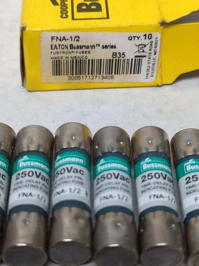 COOPER BUSSMANN,FNA-1/2,FUSETRON 1/2 AMP FUSES BOX OF 10 NOS