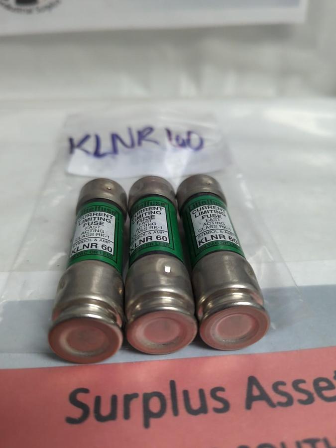 Used LITTELFUSE,KLNR-60,FAST-ACTING 60 AMP FUSE LOT OF 3 PRE-OWNED