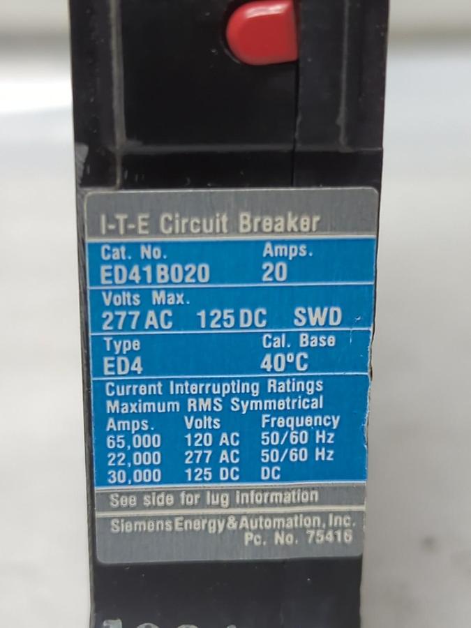 Used SIEMENS I.T.E,ED41B020,CIRCUIT BREAKER 20 AMP 1-POLE LOT OF 2 PRE-OWNED