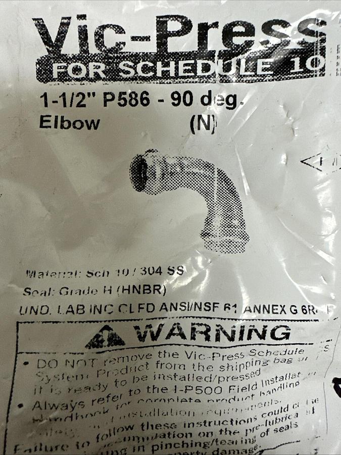 Used Vic-Press,P586,1-1/2" 90 Deg Elbow Sch 10/304SS
