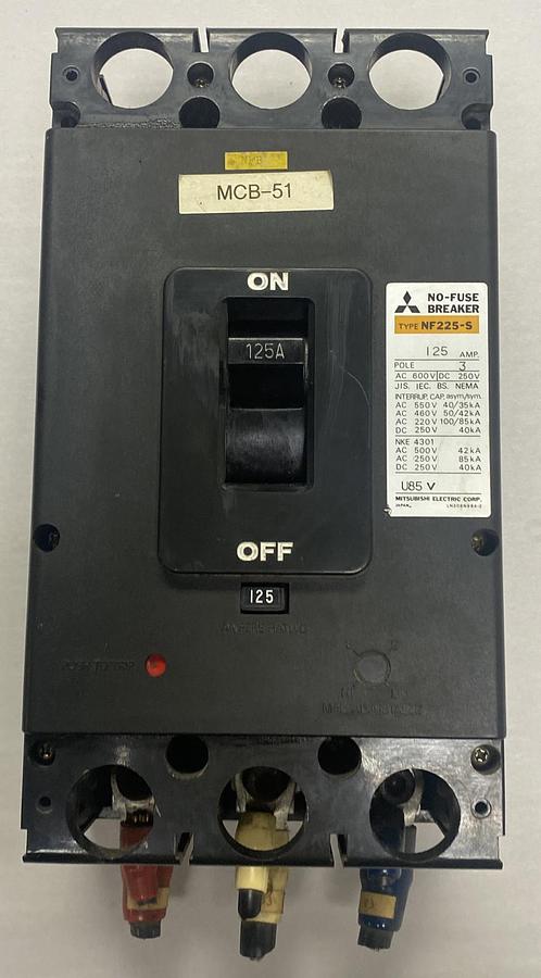 Used Mitsubishi,NF225-S,No-Fuse Circuit Breaker 125A 600V 3 Pole
