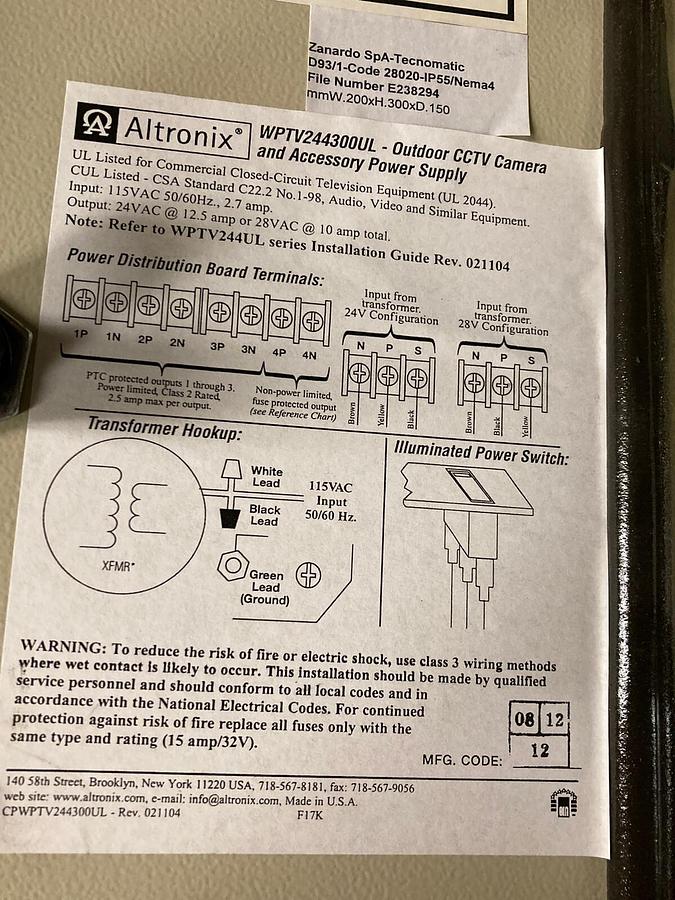 Altronix,WPTV244300UL,Power Supply 3PTC 1 Fuse 24Vac 15A Max