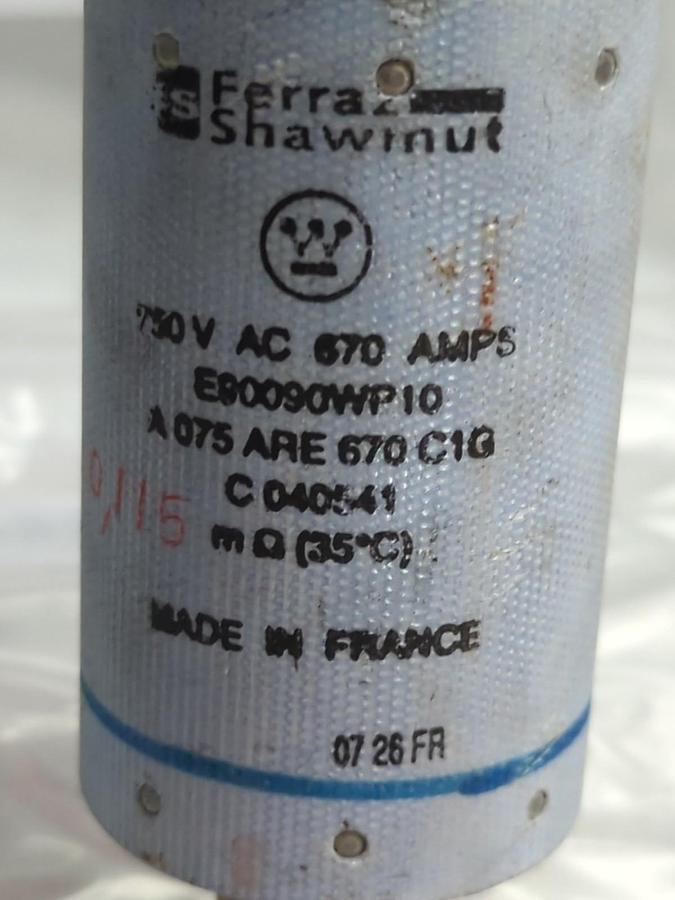 Used FERRAZ SHAWMUT,A075ARE670C1G,PROTISTOR FUSE 670 AMP 750V PRE-OWNED