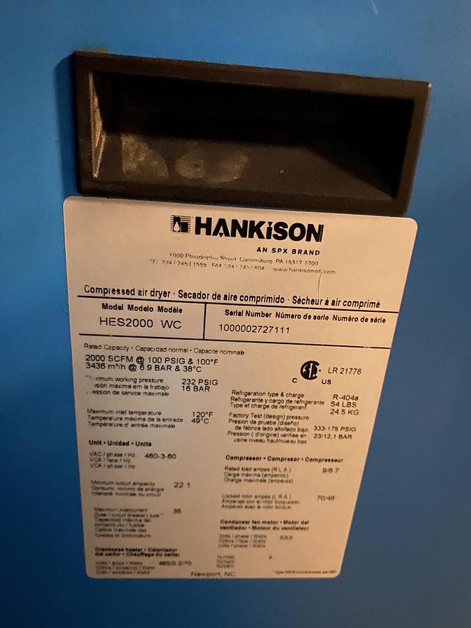 Used SPX HANKINSON,HES2000-WC,2000 SCFM Compressed Air Dryer 460V 3PH