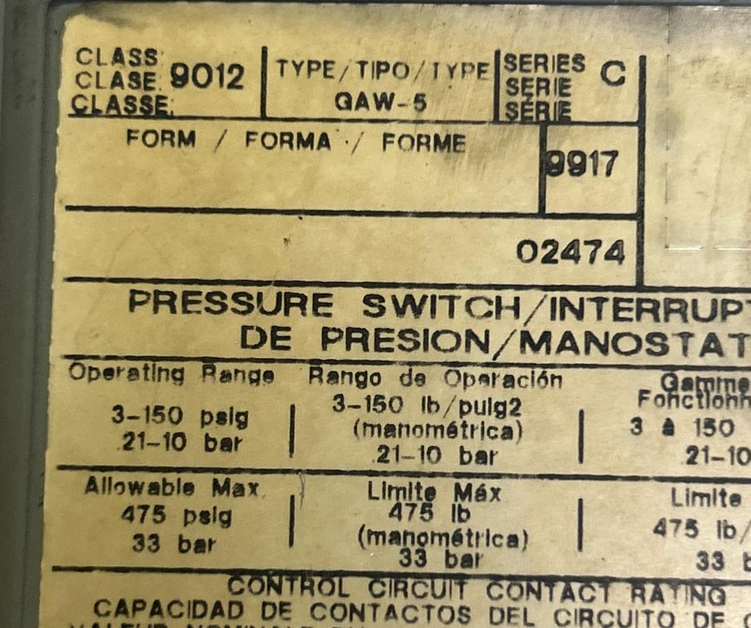 Used SQUARE D,9012GAW5,PRESSURE SWITCH
