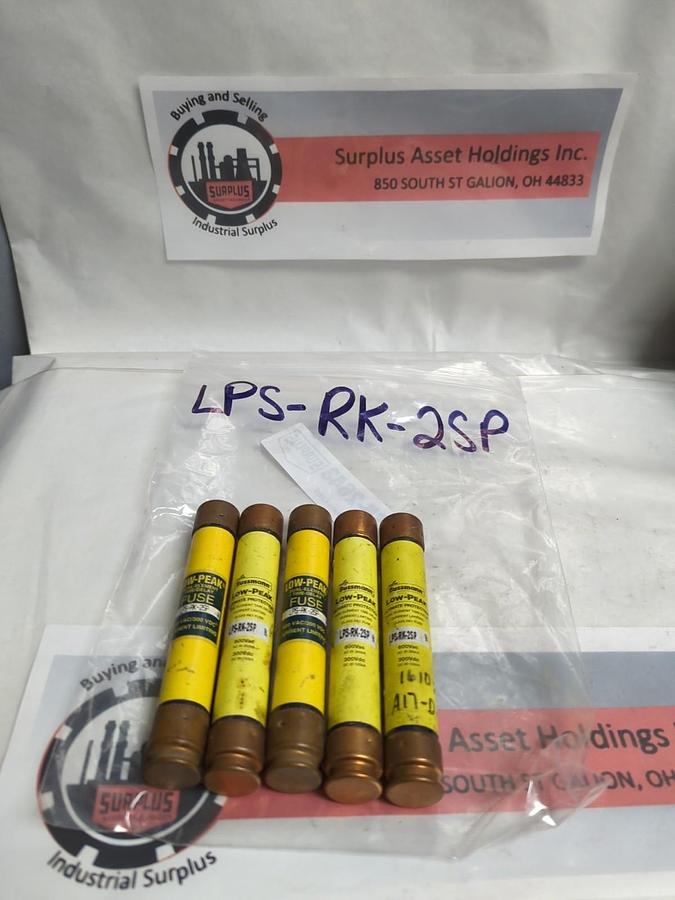 Used COOPER BUSSMANN,LPS-RK-2SP,LOW-PEAK 2 AMP FUSE LOT OF 5 PRE-OWNED