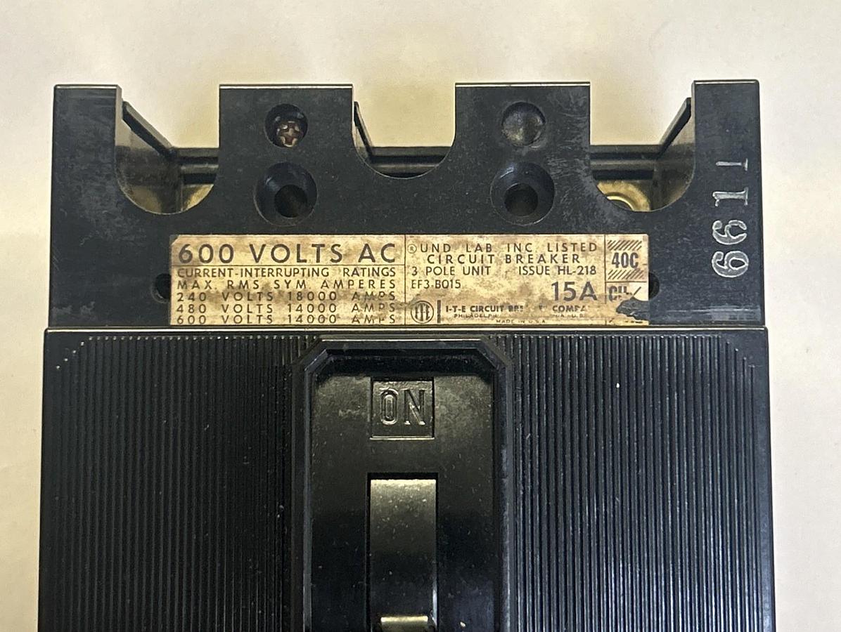 Used ITE,EF3-B015,CIRCUIT BREAKER 15A 600V 3P