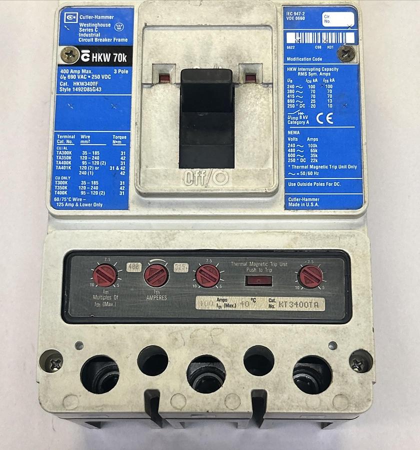 Used CUTLER-HAMMER,HKW3400F,CIRCUIT BREAKER 400A 600V 3P