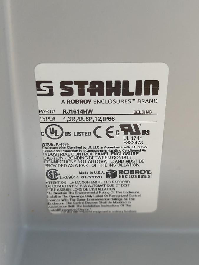 STAHLIN,RJ1614HW,FIBERGLASS ENCLOSURE 4X16X7 GHW NOS