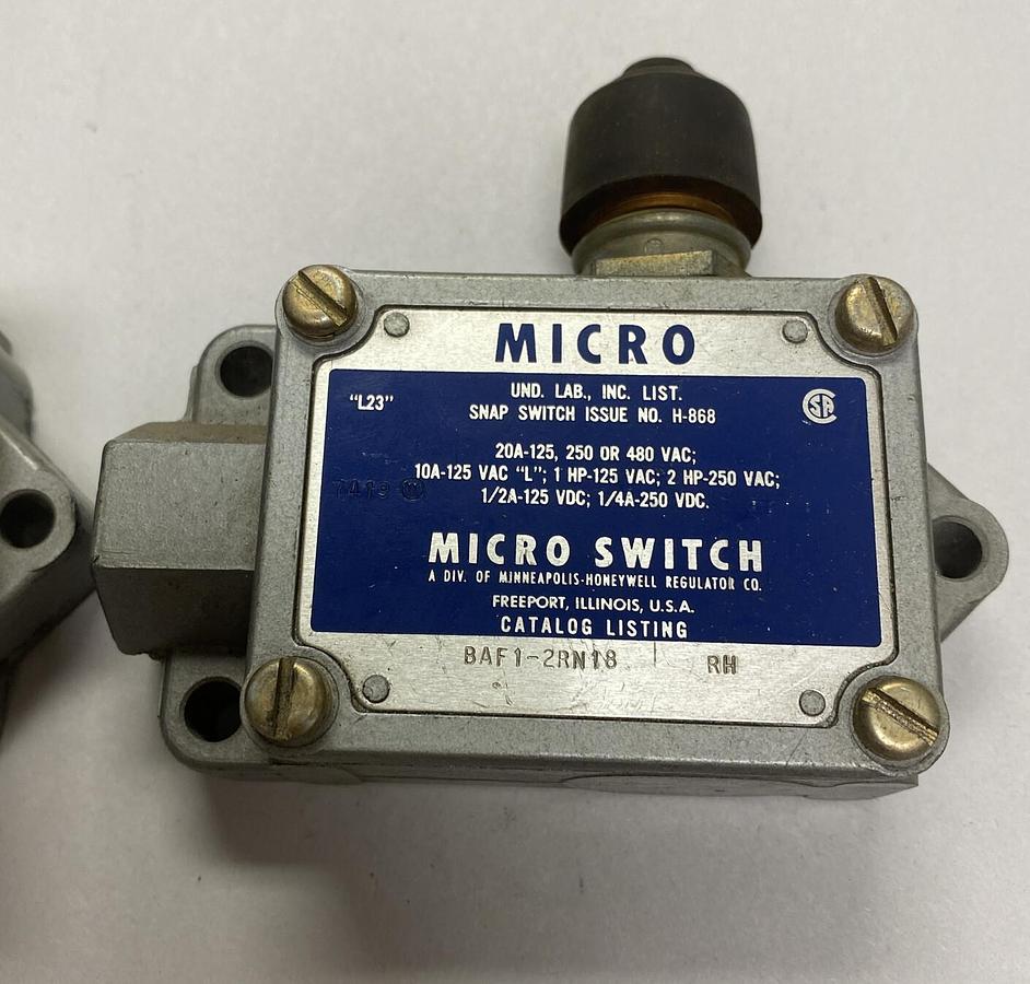 HONEYWELL MICROSWITCH,BAF1-2RN18,LIMIT SWITCH LOT OF 2 NEW NO BOX