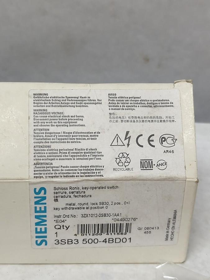SIEMENS,3SB3 500-4BD01,2-POSITION KEY OPERATED SWITCH NOS