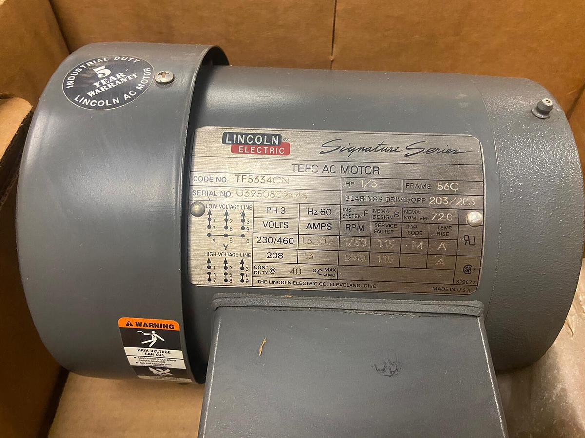 Used Lincoln,TF5334CN,1/3HP Motor 1750RPM 230/460V Frame 56C