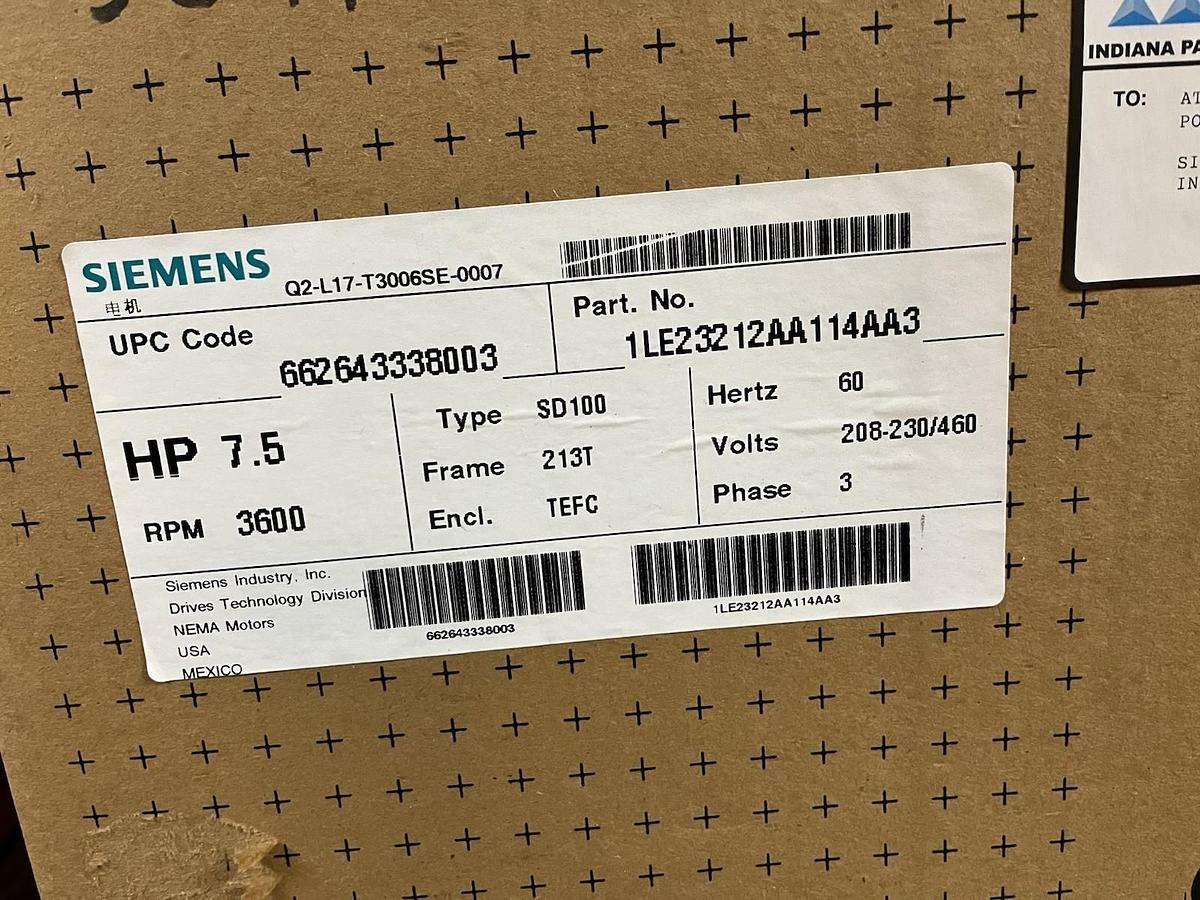 SIEMENS,1LE23212AA114AA3,SEVERE DUTY MOTOR SD100 7.5HP 3600RPM 213T 3PH