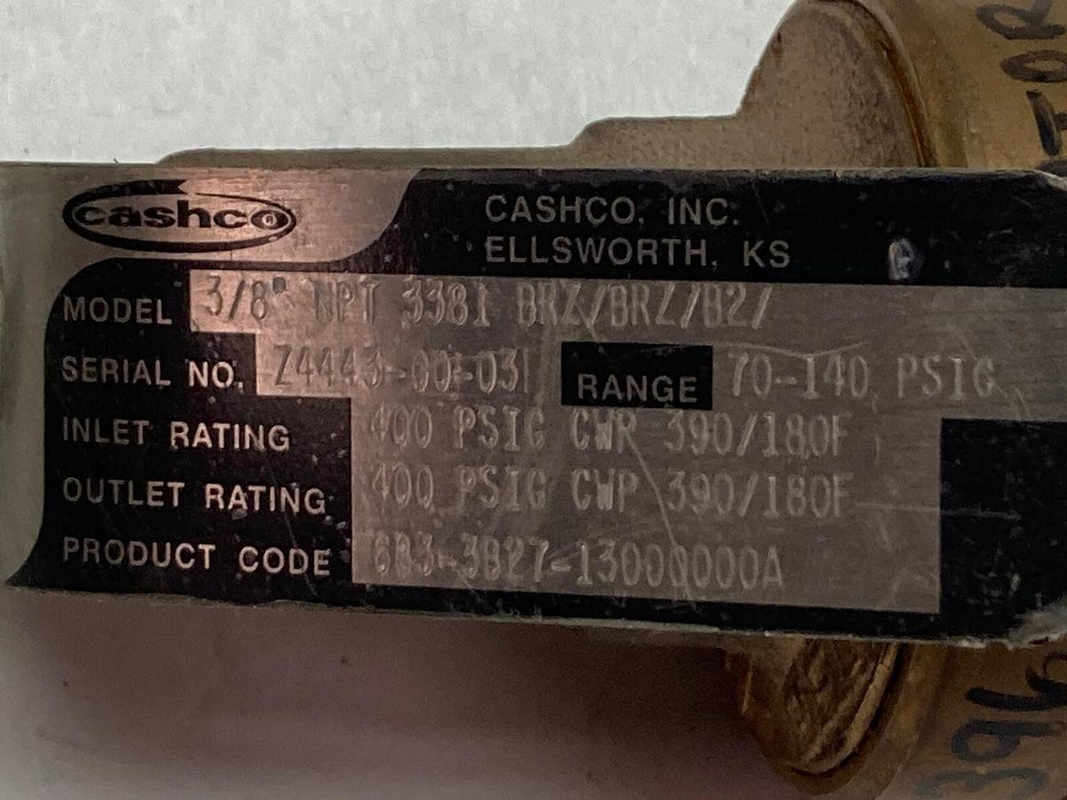 Used Cashco,3381 BRZ/BRZ/B2/,Pressure Reducing Regulator 3/8 Inch NPT 70-140PSIG