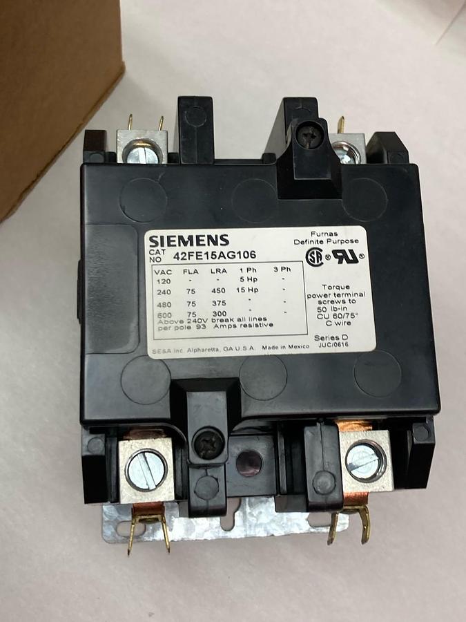 Siemens,42FE15AG106,2-Pole Definite Purpose Magnetic Contactor Ser D NO COIL
