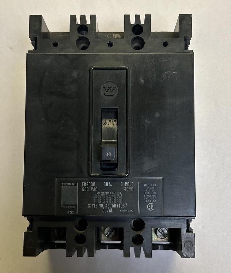 Used WESTINGHOUSE,FB3030,CIRCUIT BREAKER 30A 600V 3P