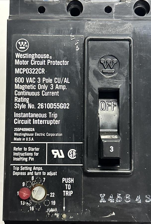 Used WESTINGHOUSE,MCP0322CR,CIRCUIT BREAKER 3A 600V 3P