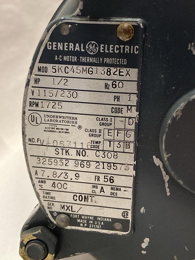 Used General Electric,5KC45MG1382EX,Single Phase Motor 1/2Hp 1725rpm Frame 56