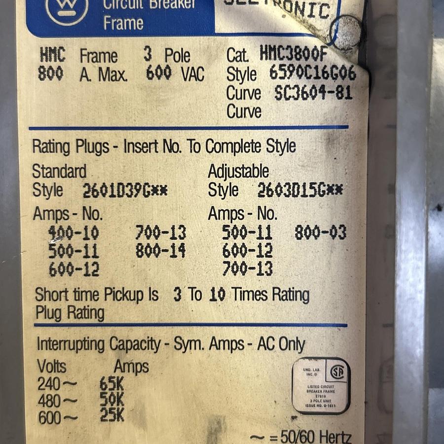 Used WESTINGHOUSE,HMC3800F,CIRCUIT BREAKER 800A 600V 3P
