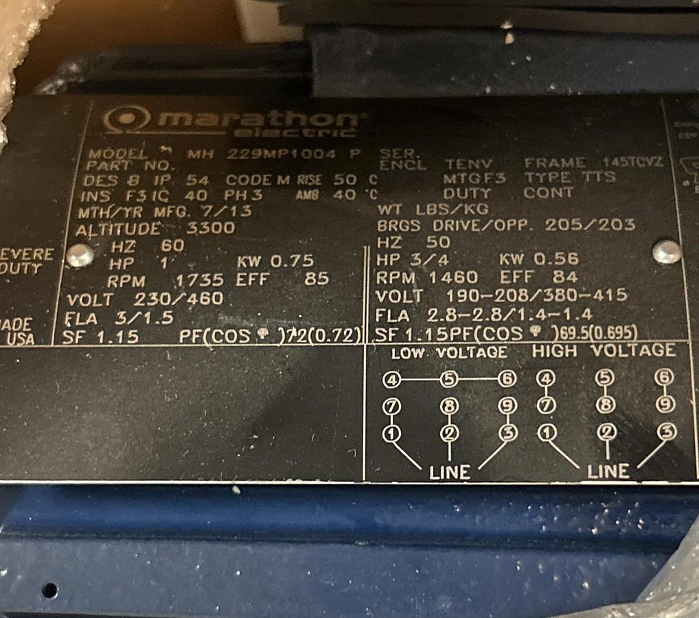 MARATHON,229MP1004,MOTOR 1HP 1735RPM 230/460V 3PH 145TCVZ FRAME
