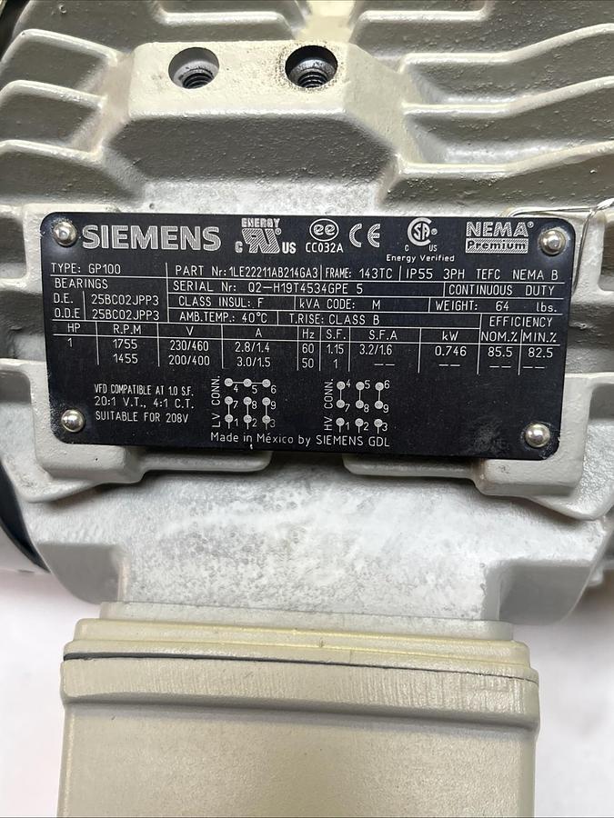SIEMENS,1LE22211AB214GA3,MOTOR 1HP 1755RPM 230/460V 143TC FRAME NOS