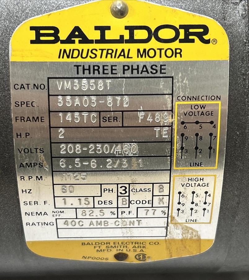 Used BALDOR,VM3558T,MOTOR 2HP 1725RPM 208-230/460V 3PH 145TC FRAME