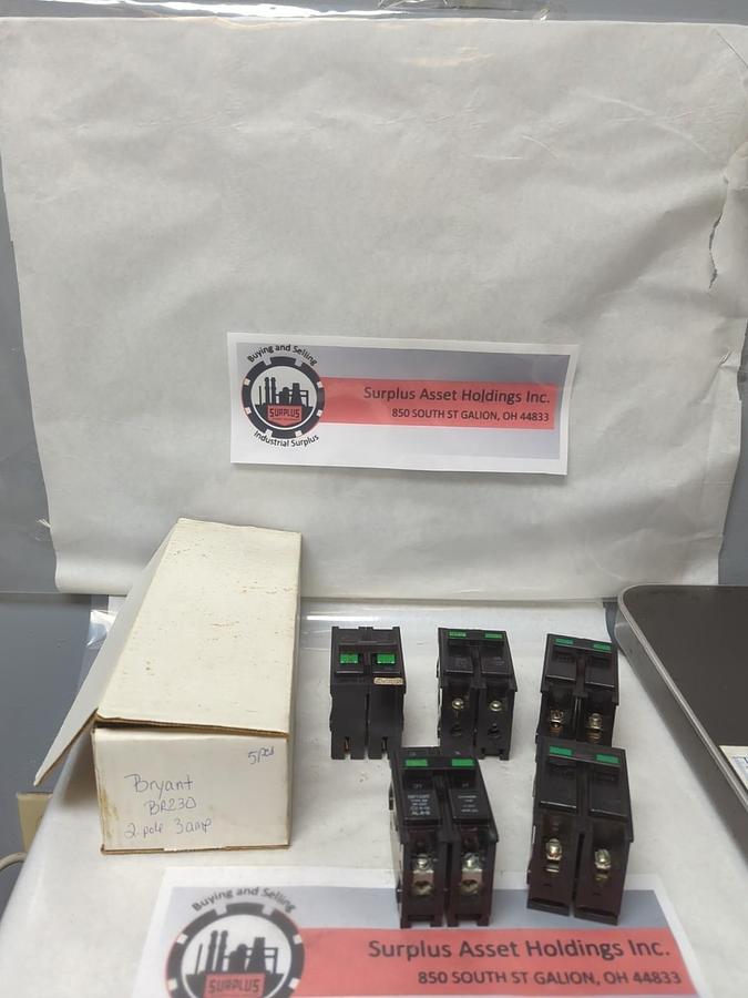 Used BRYANT,BR230,CIRCUIT BREAKER 2-POLE 30 AMP LOT OF 5 PRE-OWNED