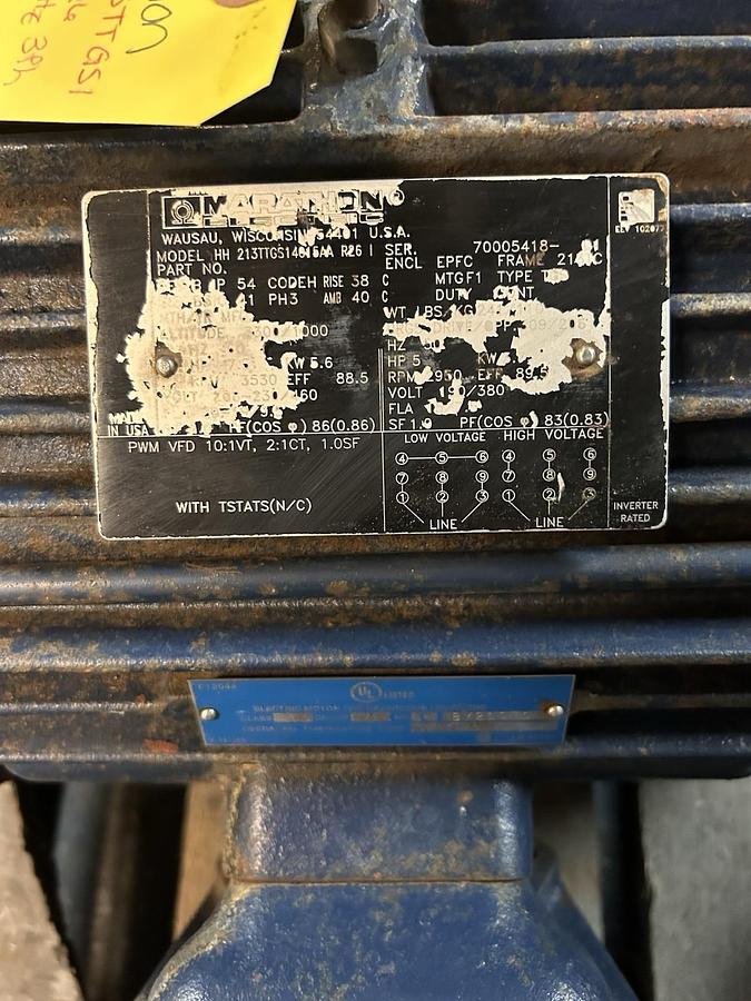 Used MARATHON ELECTRIC,HH213TTGS130155AA,MOTOR 5HP 460V 2950RPM 3PH 213TC FRAME
