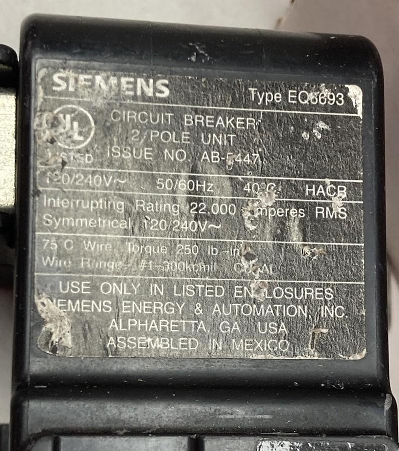 Used Siemens,Type EQ6693,2-Pole Circuit Breaker 120/240V 50/60Hz