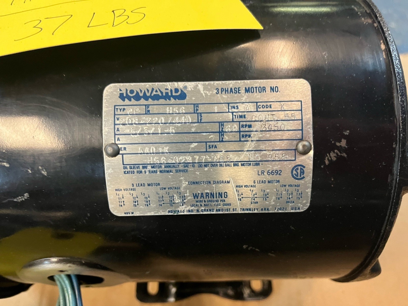 HOWARD,CP,MOTOR 1HP 208-220/440V 3450RPM 3PH H56