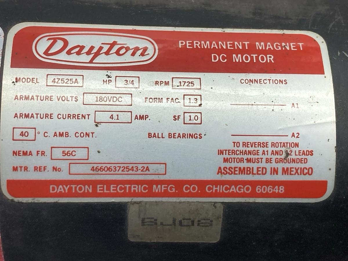 Used Dayton,4Z525A,Permanent Magnet DC Motor 3/4Hp 1725RPM 4.1A Frame 56C