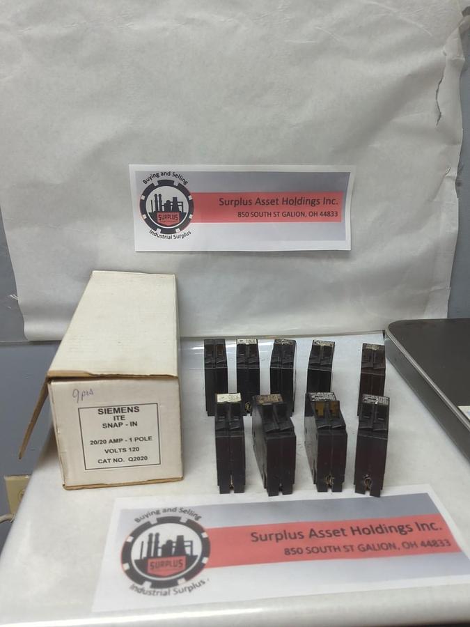 Used SIEMENS,Q2020,TWIN CIRCUIT BREAKER 20/20 AMP 1-POLE LOT OF 9 PRE-OWNED