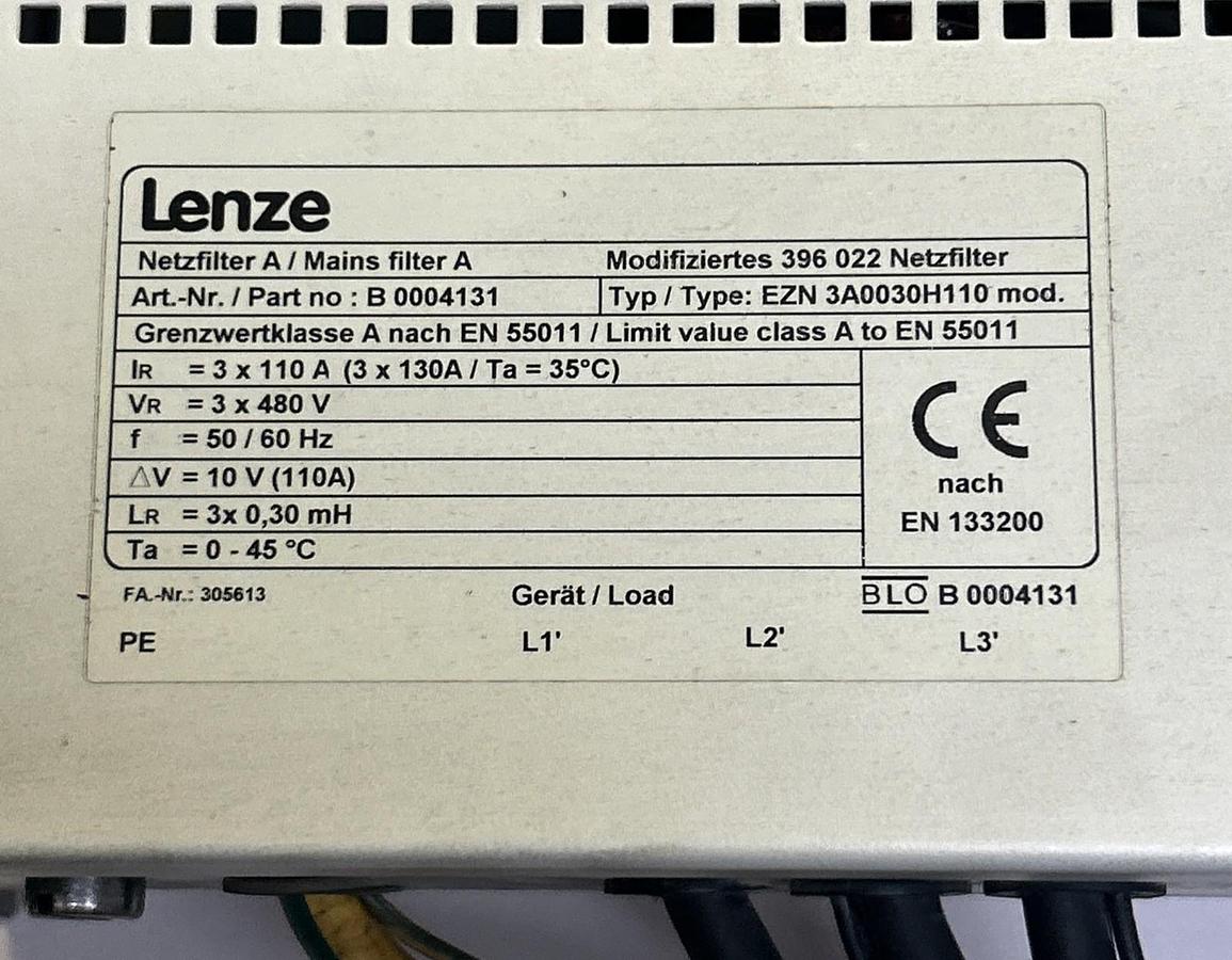 Used LENZE,EZN3A0030H110,POWER MAIN FILTER A