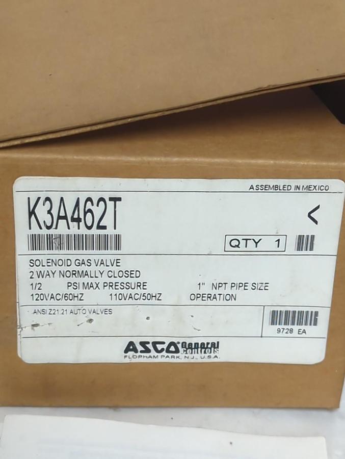 ASCO,K3A762T,2-WAY NORMALLY CLOSED SOLENOID GAS VALVE 1 INCH NPT NOS