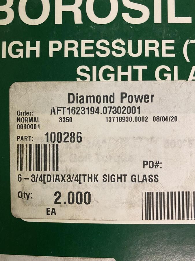 Used DIAMOND POWER,100286,3/4 X 6-3/4 BOROSILICATE HIGH PRESSURE SIGHT GLASS
