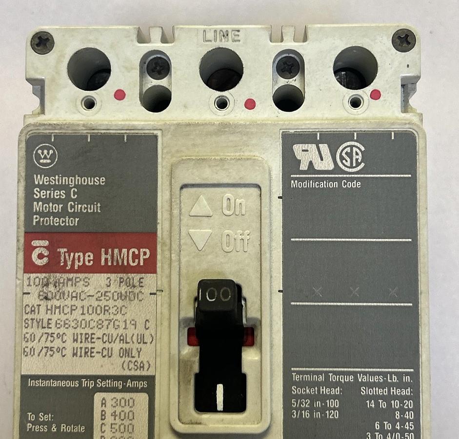 Used WESTINGHOUSE,HMCP100R3C,CIRCUIT BREAKER 100A 600V 3P
