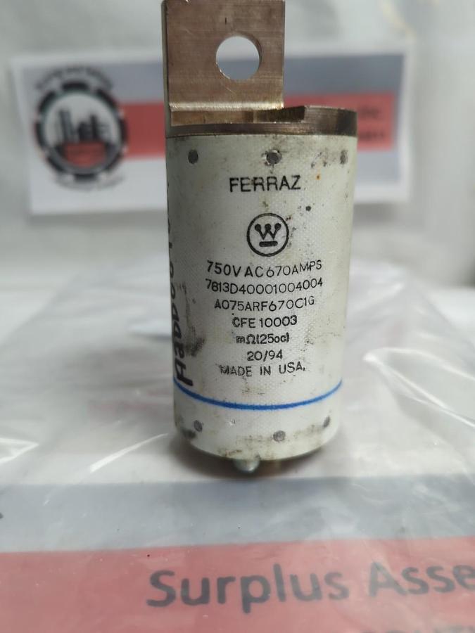 Used FERRAZ SHAWMUT,A075ARF670C1G,PROTISTOR FUSE 670 AMP 750V PRE-OWNED