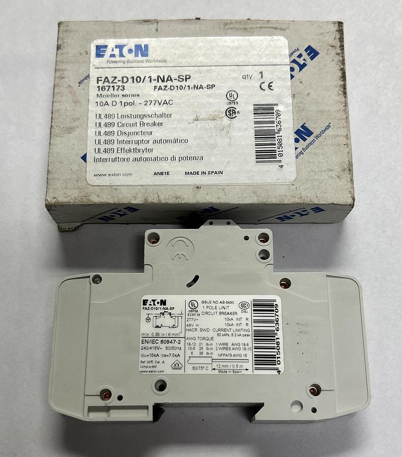 Used EATON,FAZ-D10/1-NA-SP,MINIATURE CIRCUIT BREAKER 10A 277V 1P NEW