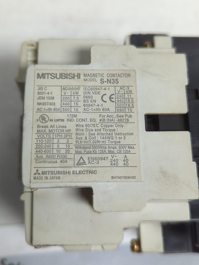 Used Mitsubishi,S-N35,60A 3 Pole Magnetic Contactor PRE-OWNED