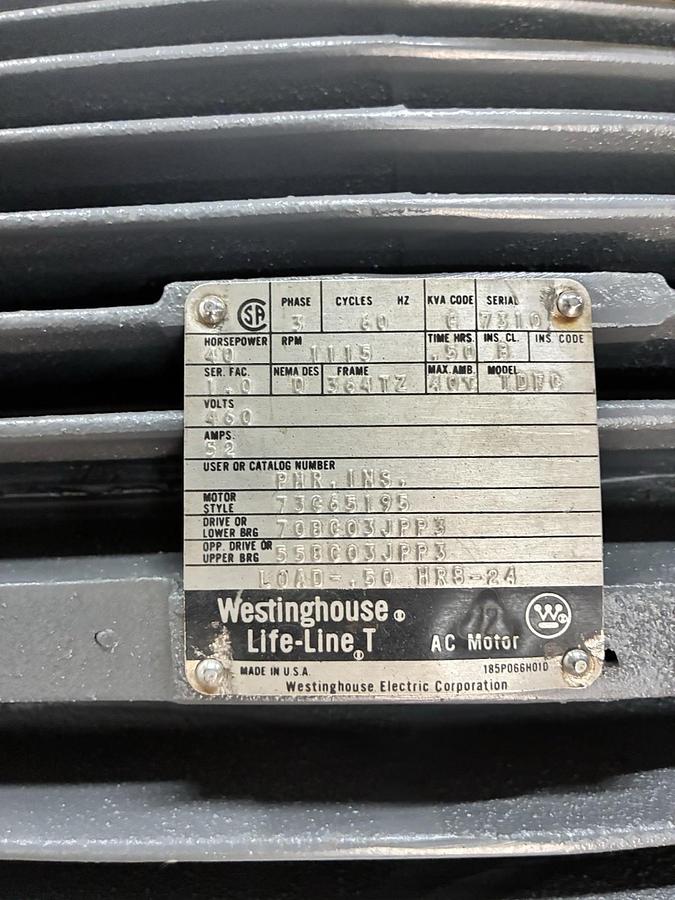 Used WESTINGHOUSE,TDFC,LIFE LINE T AC MOTOR 40HP 460V 3PH 364TZ