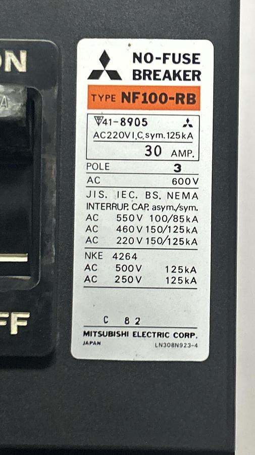 Used MITSUBISHI,NF100-RB,NO-FUSE BREAKER 30A 600V 3P