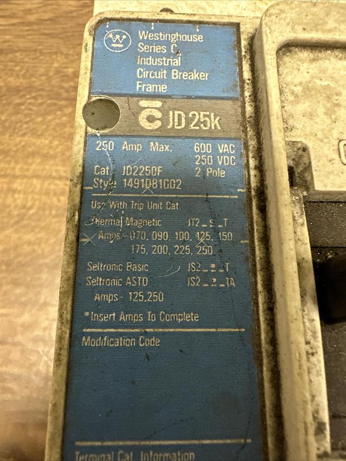 Used Westinghouse,JD 2250F,250 Amp Circuit Breaker with Thermal Trip Unit