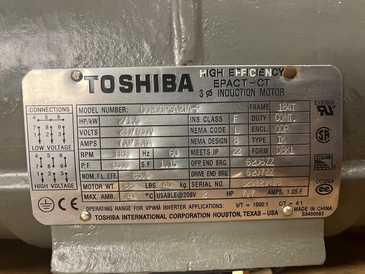 TOSHIBA,0026DPSA21A-P,E-PACT INDUCTION MOTOR 2HP 3PH 184T