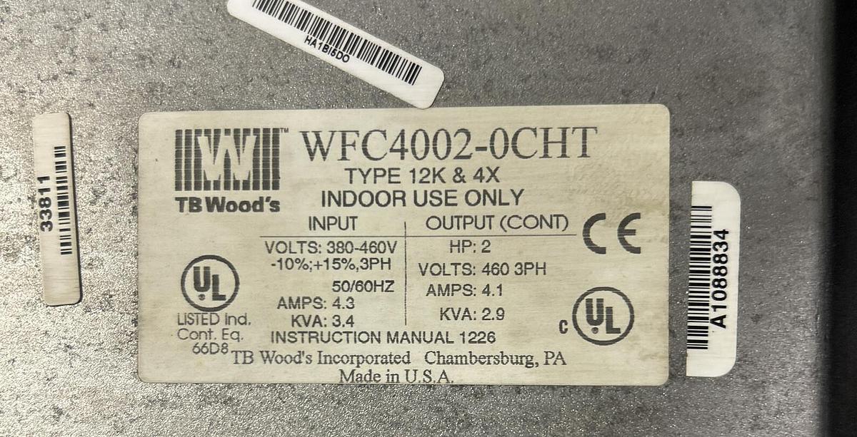 Used TB WOODS,WFC4002-0CHT,AC DRIVE IINVERTER 2HP 460V 4.1A