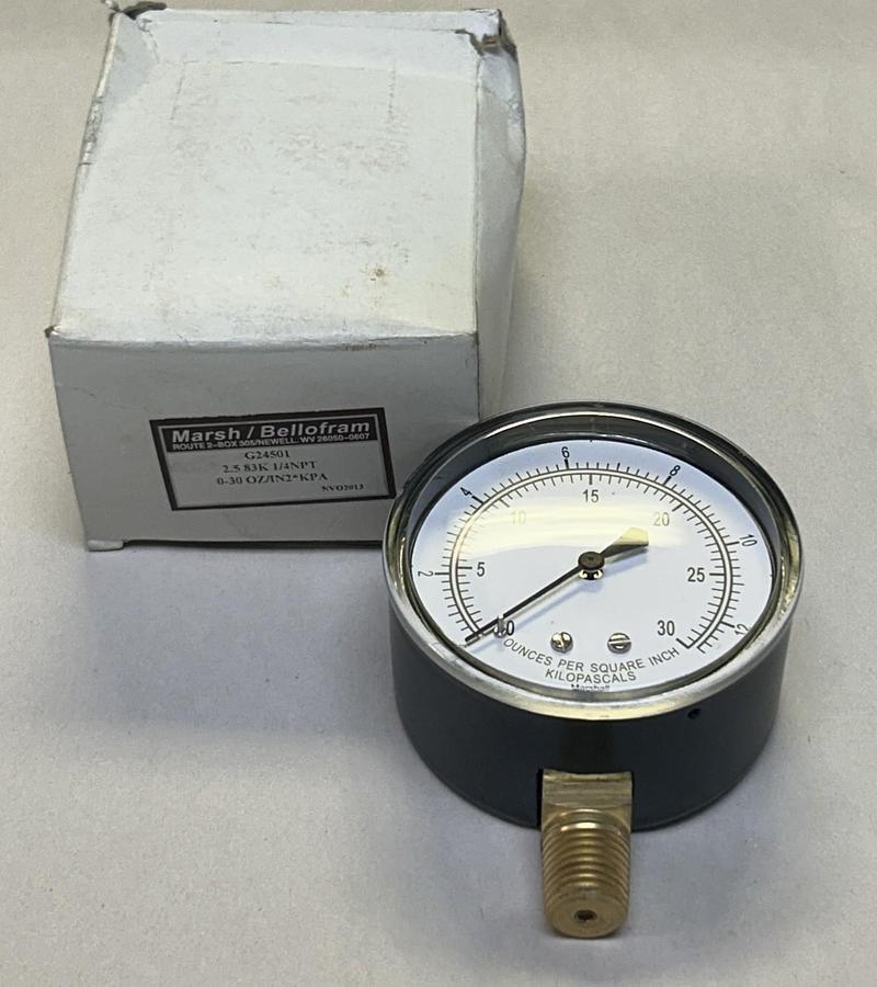 MARSH BELLOFRAM,G24501,PRESSURE GAUGE 0-30 OUNCES PER SQUARE INCH NOS