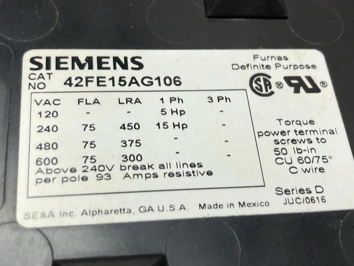 Siemens,42FE15AG106,2-Pole Definite Purpose Magnetic Contactor Ser D NO COIL